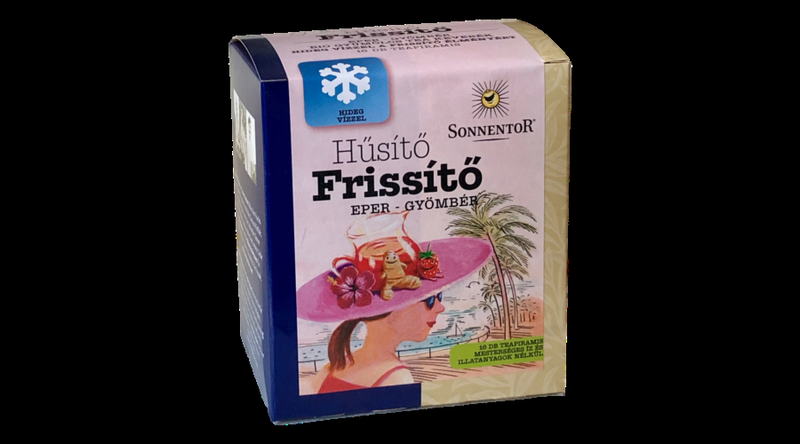 Sonnentor Bio Hűsítő Frissítő Eper-gyömbér teakeverék - piramis filter 44,8g